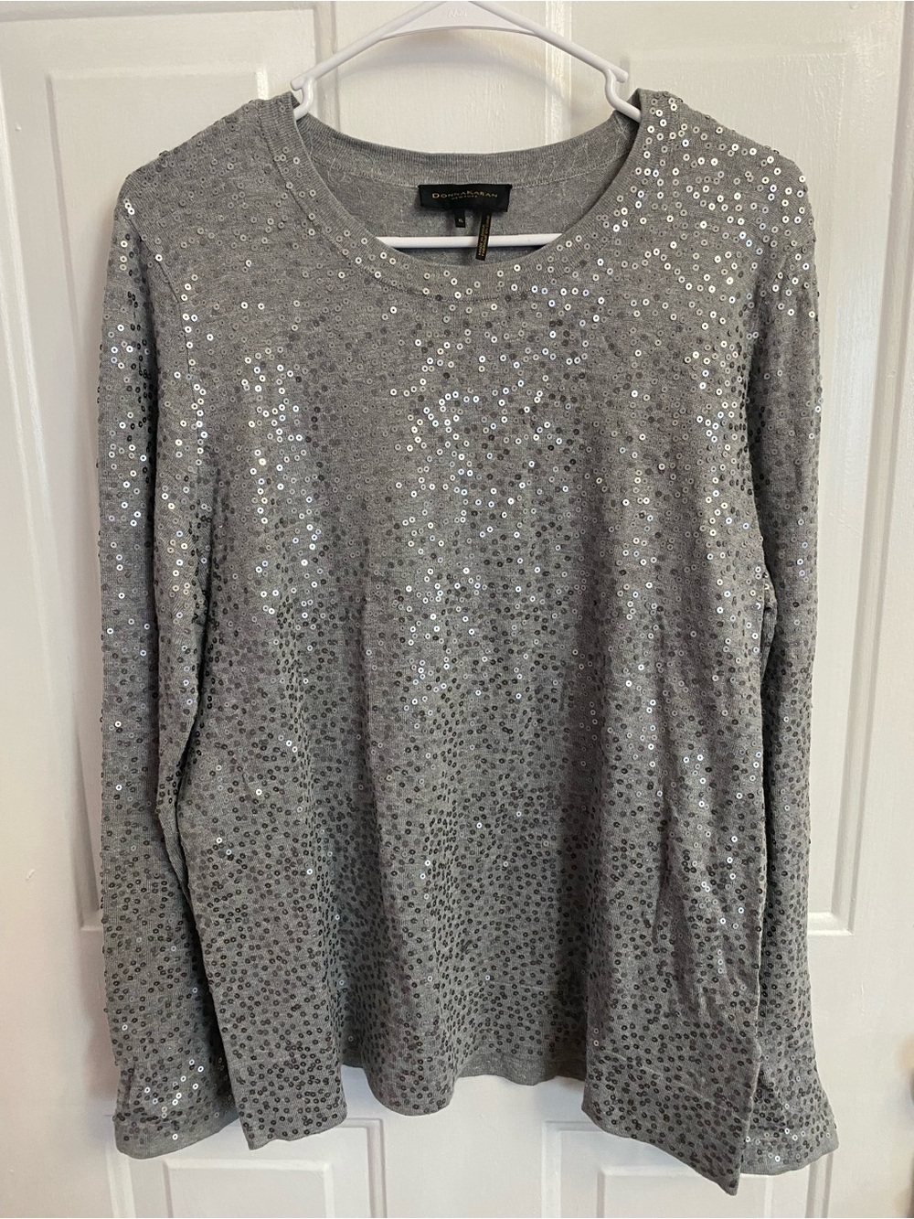 Donna Karan Silver Sequin Crewneck Long-sleeve Top- Gray, women’s XL size